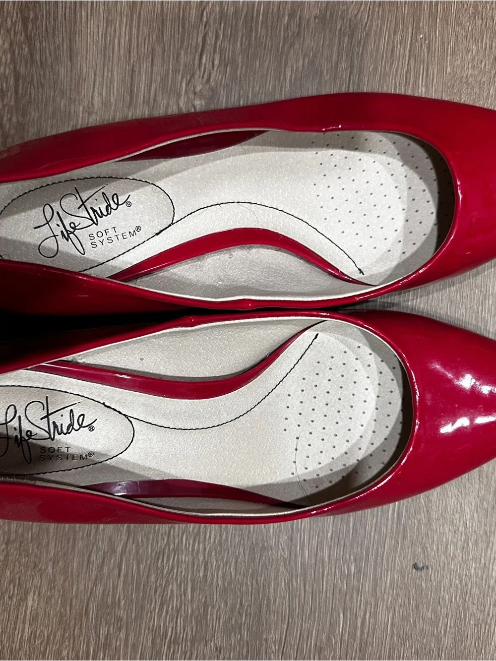 Life Stride Red Patent Mid Heel Pumps